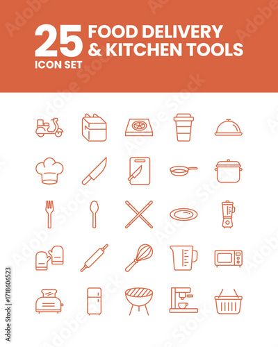 Food Delivery & Kitchen Utensils Outline Icon Set