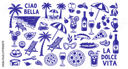 Embrace la dolce vita with a vibrant collection of beachside delights, tropical cocktails, delicious pizza, and refreshing drinks for ultimate summer relaxation