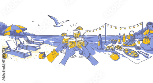 Joyful friends clinking glasses with refreshing drinks at a vibrant beach picnic under sunny skies with a seagull flying overhead