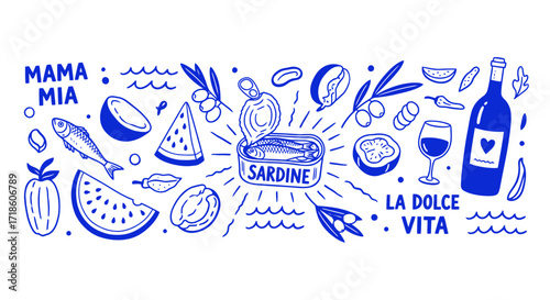 Vibrant Italian summer delights with sardines, wine, olives, and fruit evoke 'La Dolce Vita' joy and flavor