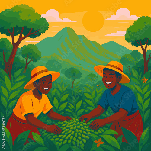 A vibrant vector illustration of coffee bean harvesting in a lush plantation, showing farmers picking beans under a bright sun, with mountains in the background, bold and colorful flat design