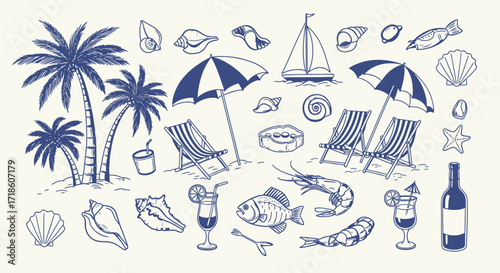 Vibrant summer beach icons and elements evoke tropical vacation paradise with palm trees, loungers, cocktails, and seafood delights