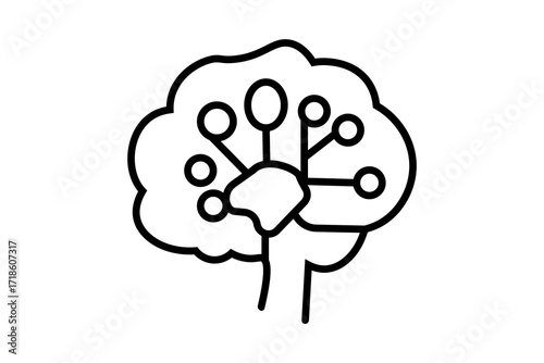 The image is a line drawing of a tree, where the trunk and roots are shaped like a human brain. 