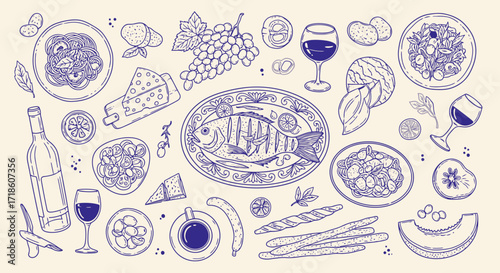Delightful culinary collection featuring fresh fish, pasta, cheese, wine, grapes, bread, and fruit, perfect for menus and recipe books.