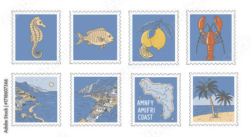 Vibrant collection of stylized postage stamps featuring coastal Italy themes like lemons, seahorses, lobsters, and picturesque villages