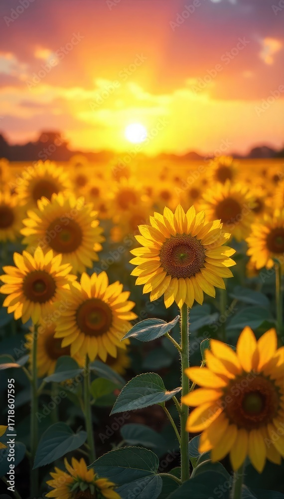 Obraz premium Golden Hour Sunflowers A Breathtaking Sunrise over a Vibrant Field of Blooming Sunflowers, creating a stunning natural spectacle perfect for summer, agriculture, and nature themes.