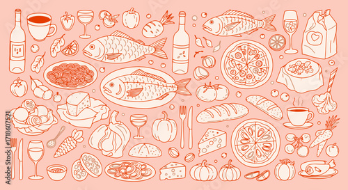 Vibrant collection of delicious food and drink elements, perfect for culinary themes and festive celebrations