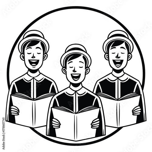 A black silhouette of a carolers singing