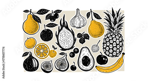 Vibrant collection of fresh, hand-drawn fruits and vegetables bursting with flavor and natural goodness for healthy living
