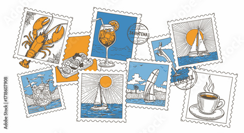 Dreaming of summer travel and coastal delights with vintage-style postage stamps featuring seafood, cocktails, and sailing adventures.