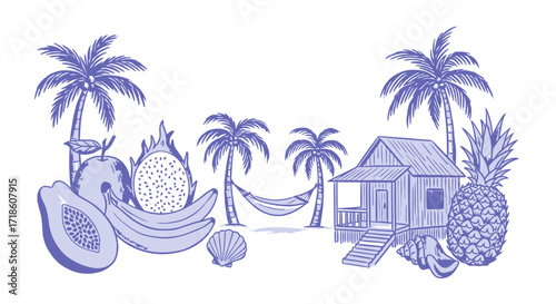 Escape to paradise with tropical fruits, a beach bungalow, and relaxing hammock under swaying palm trees
