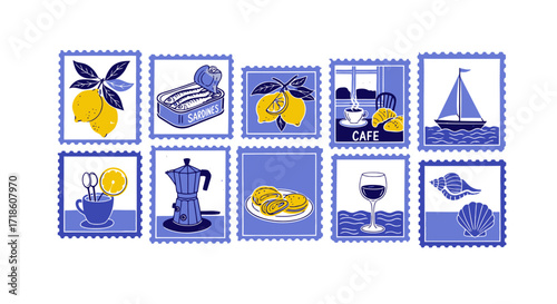 Charming collection of illustrated stamps featuring coastal delights, fresh lemons, cafe scenes, and savory sardines, perfect for travel and food themes.