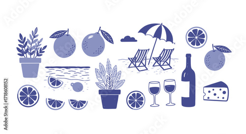 Refreshing summer vibes with fresh citrus, chilled wine, and beach relaxation create an idyllic vacation scene