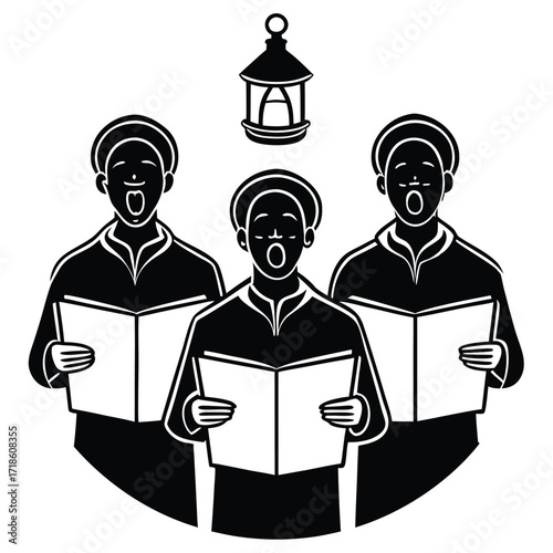 A black silhouette of a carolers singing