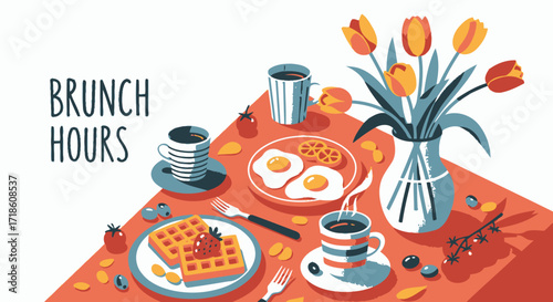Bright and cheerful brunch table featuring waffles, fried eggs, coffee, and vibrant tulips, perfect for spring and food-related promotions