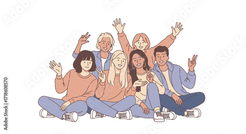 Diverse group of happy friends posing together, celebrating unity and friendship with joyful gestures, perfect for lifestyle and community themes