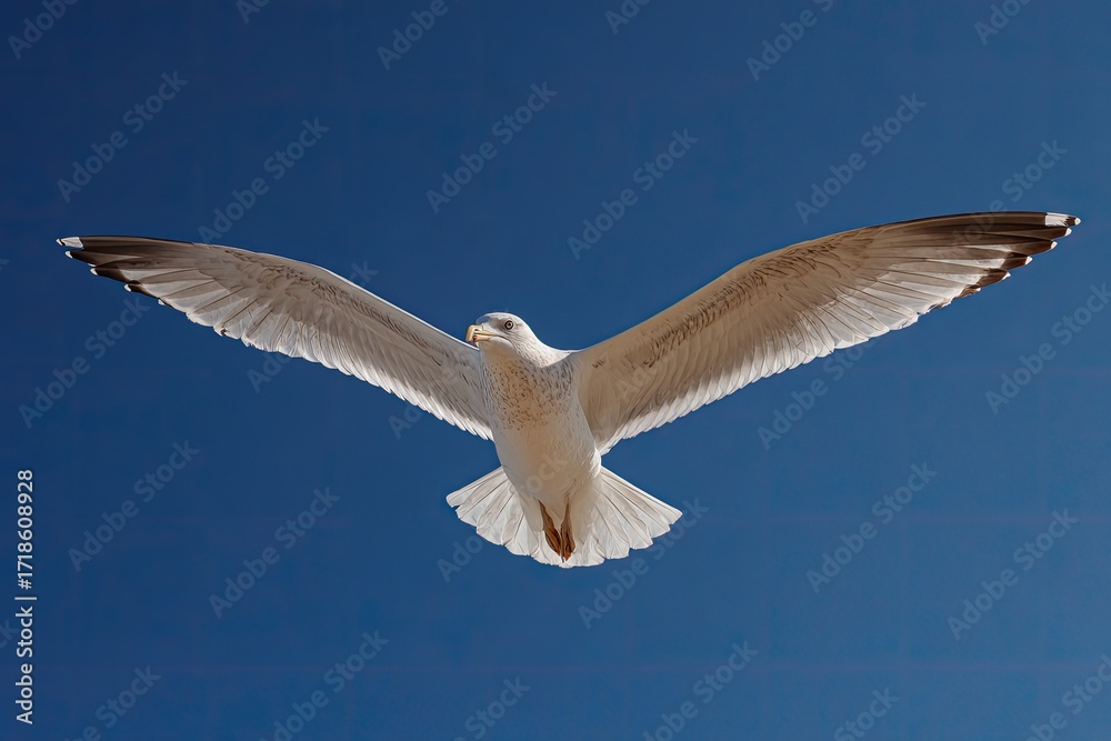 Obraz premium Seagull soaring in a clear blue sky
