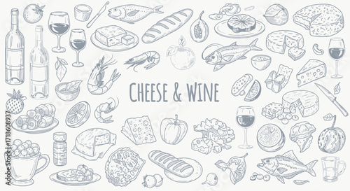 Delicious assortment of cheese, wine, fruits, seafood, and bread illustrations for gourmet dining and culinary inspiration