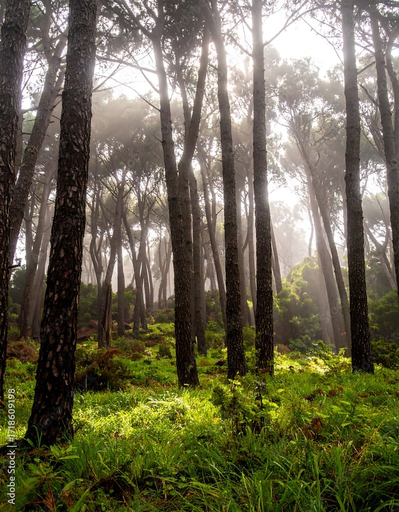 Obraz premium Misty pine forest bathed in sunlight