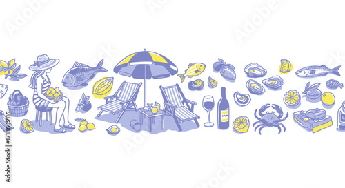 Vibrant seaside picnic scene with fresh seafood, wine, and a woman enjoying summer leisure under a striped umbrella