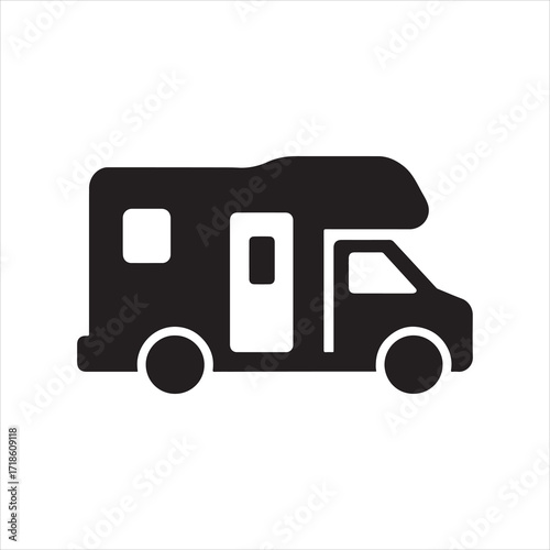 Black and white RV icon symbolizing travel and freedom on the open road representing minimalist design and mobile living suitable for graphic design projects
