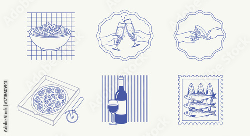 Celebratory toasts and delicious food icons, perfect for culinary themes and festive occasions, capturing joy and taste with simple elegance.