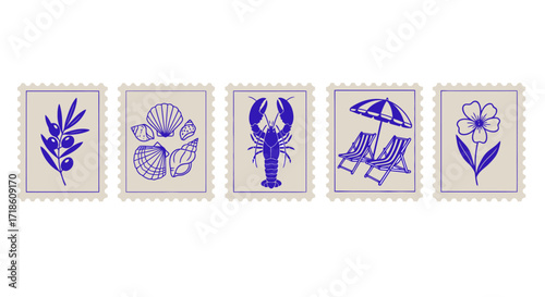 Charming vintage stamp collection featuring delightful summer vacation and nature motifs, perfect for travel and coastal themes