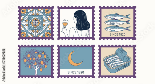 Charming vintage stamp collection featuring Mediterranean tiles, woman with wine, sardines, lemon tree, and crescent moon, evoking nostalgia and artisanal appeal.