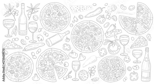 Delicious pizza, wine, cheese, and fresh ingredients artfully arranged for a vibrant culinary celebration perfect for menus, recipes, or restaurant branding.