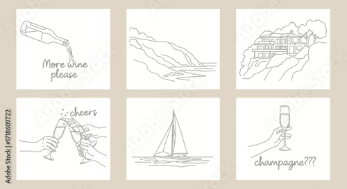 Celebrate life's moments with elegant line art of wine, champagne toasts, coastal views, and luxury villas, perfect for invitations and social media.