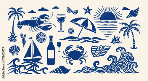 Vibrant summer beach collection featuring iconic coastal elements like palm trees, crabs, lobsters, sailboats, and refreshing drinks for a perfect getaway.