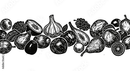 Vibrant linocut style border showcasing fresh fruits and vegetables, perfect for culinary designs and healthy lifestyle promotions