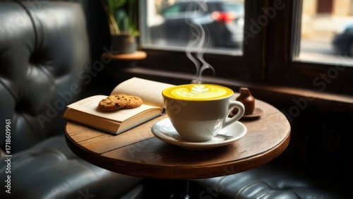 Cozy cafe scene Latte, cookies, and book on a small table