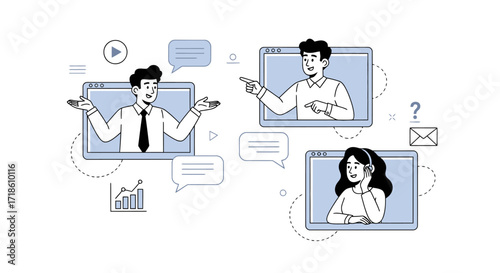 Dynamic team collaborates remotely via video conference, sharing ideas and achieving business goals with modern communication tools