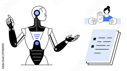 Robot gesturing towards document, symbolizing AI input in policy creation, while human stopping fists represents ethical debate. Ideal for AI ethics, collaboration, technology, governance