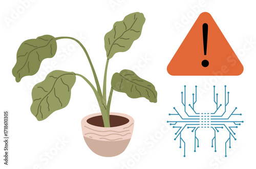 Potted green plant, warning sign, and microchip circuit diagram blending nature with tech. Ideal for sustainability, innovation, biotechnology, smart farming, ecology, food safety and AI