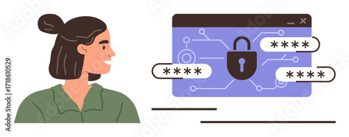 Young woman observing secure interface with password protection and lock icon highlighting encryption. Ideal for cybersecurity, data protection, privacy awareness, authentication, online safety