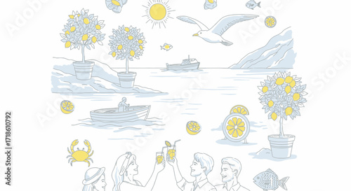 Joyful friends celebrating summer with refreshing drinks by the sea, amidst lemon trees, boats, and seagulls, capturing vibrant vacation vibes.