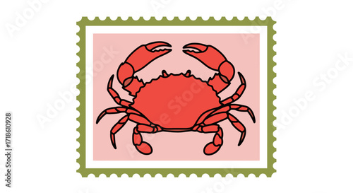Vibrant red crab illustration on a postage stamp background evokes summer beach vibes and coastal charm.