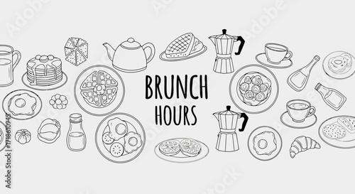Delightful hand-drawn brunch icons celebrate morning meals, coffee, and sweet treats perfect for cafe menus and food blogs