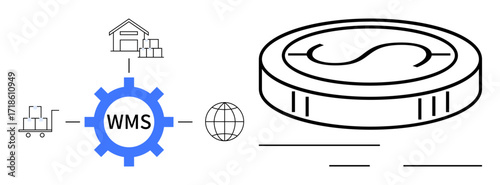 Gear with WMS links to a warehouse, cart, globe, and coin. Ideal for logistics, inventory, supply chain, finance, warehouse operations digital economy simple flat metaphor