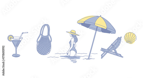 Serene beach scene with woman in swimsuit, umbrella, chair, cocktail, and bag, evoking summer vacation bliss and relaxation.