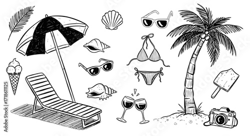 Embrace the ultimate summer getaway with this vibrant collection of beach essentials, perfect for vacation planning and coastal dreams.