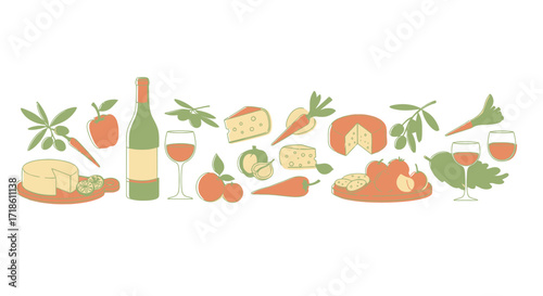 Vibrant assortment of fresh produce, wine, and cheese perfect for culinary themes and healthy eating promotions
