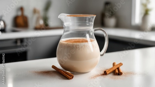 Fototapeta Naklejka Na Ścianę i Meble -  Creamy, spiced beverage in a glass pitcher on a kitchen counter