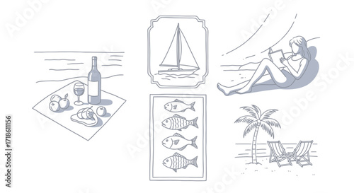 Escape to tranquility with relaxing beach scenes, delightful picnics, sailing adventures, and serene moments of reading by the sea