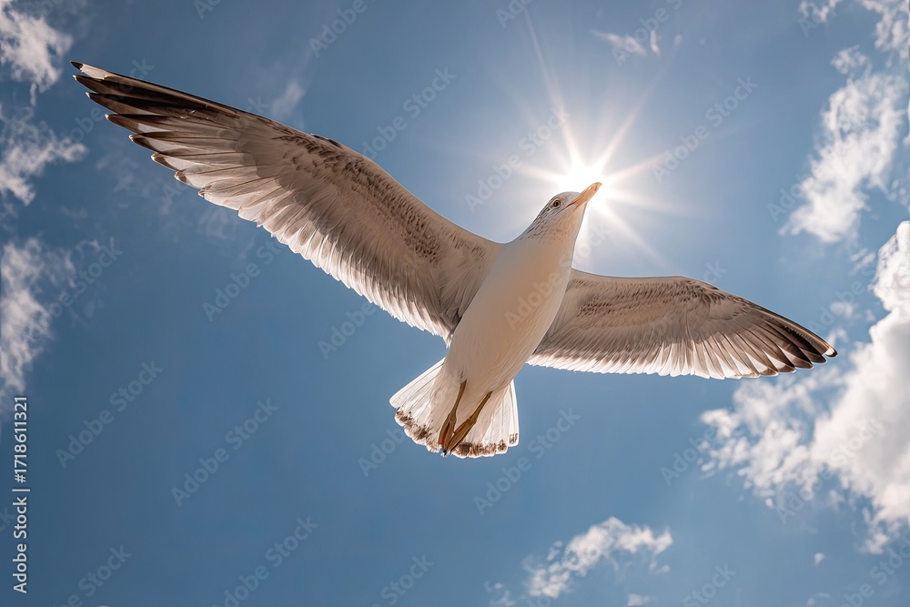 Obraz premium Seagull soaring, sunlit sky