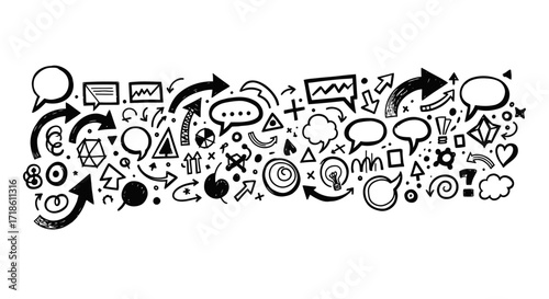 Dynamic collage of hand-drawn icons and symbols representing ideas, communication, and progress, perfect for presentations and creative projects.