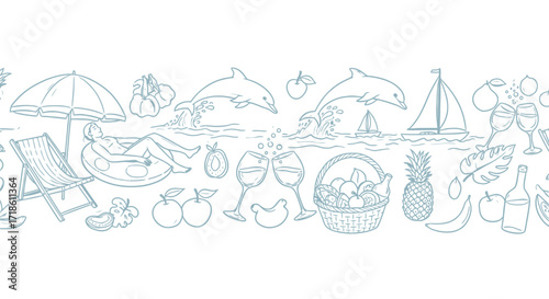 Dreamy summer vacation vibes with dolphins jumping, sailing, and relaxing by the beach, perfect for travel and leisure themes.