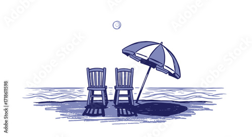 Relaxing beach vacation awaits with two chairs under a blue striped umbrella, perfect for summer vibes and tranquil getaways